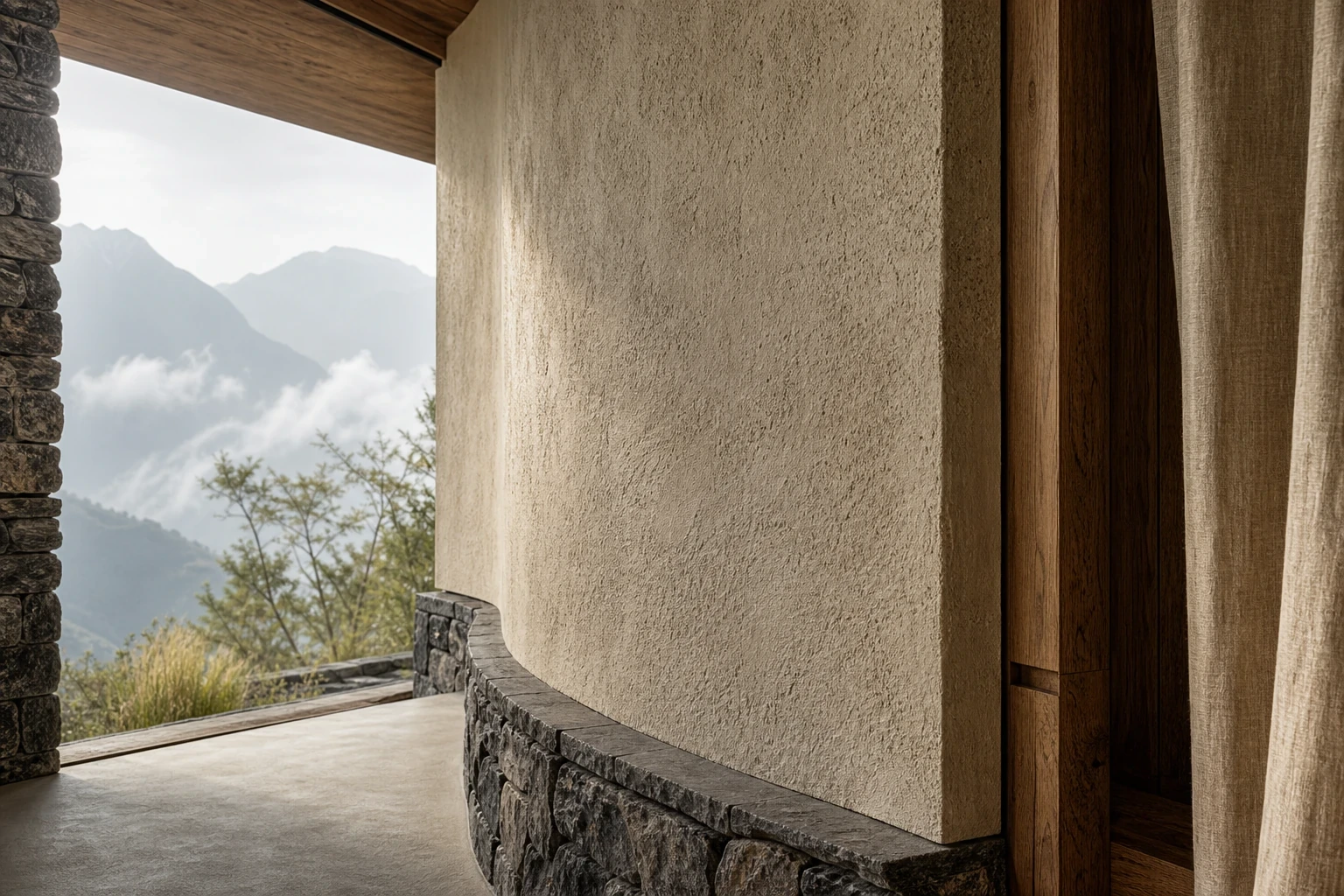 Hemp-lime wall, stone and timber framing a Himalayan landscape