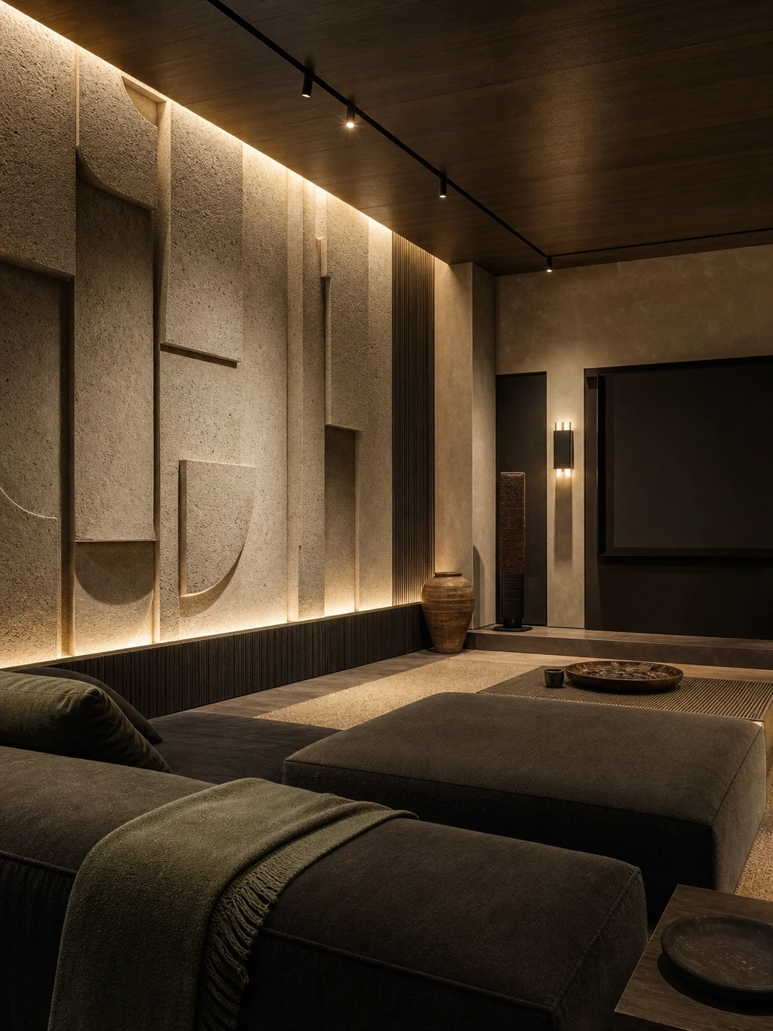 Warm natural interior with sculpted wall surfaces
