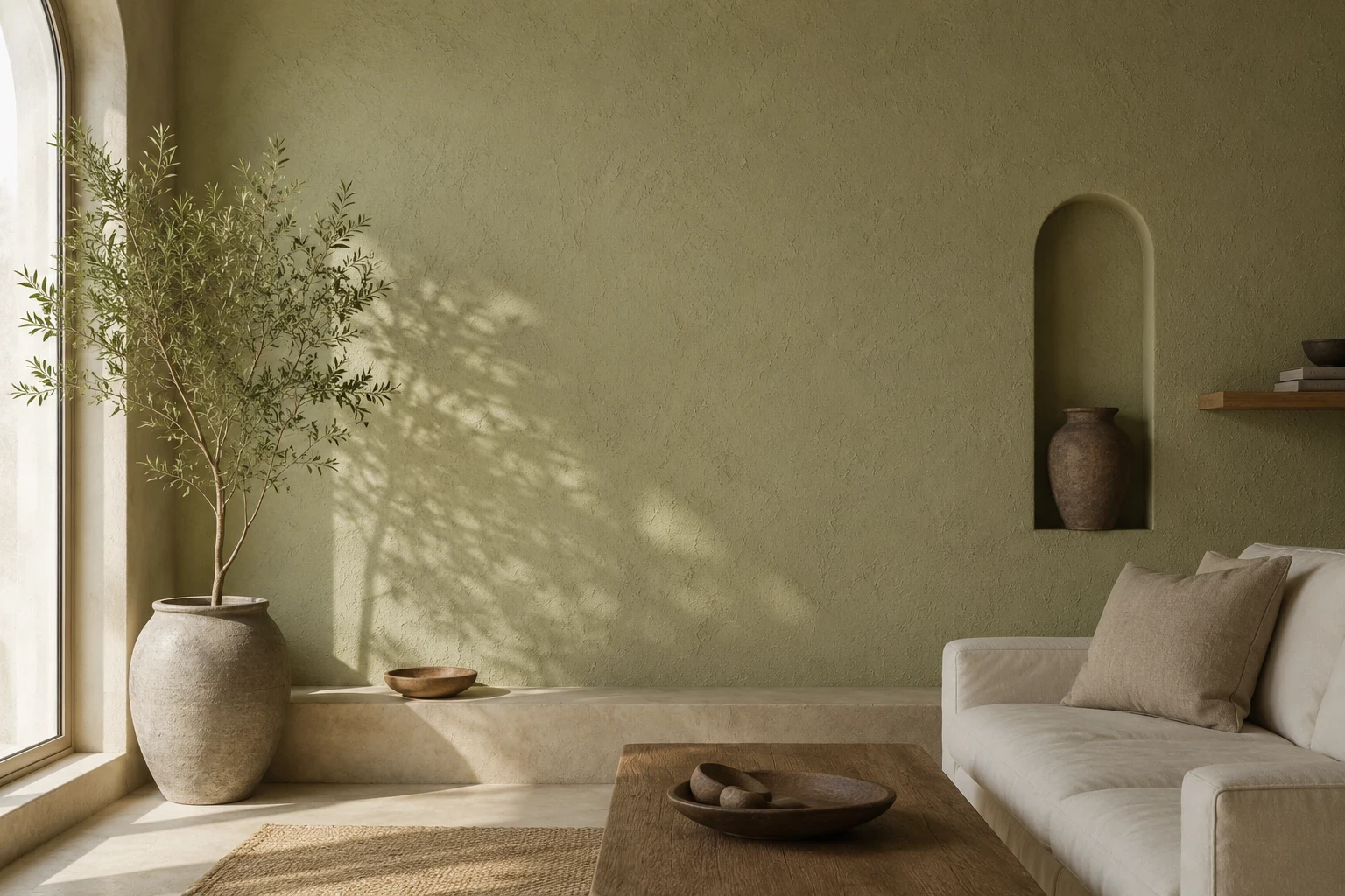 Olive natural plaster interior with tree and niche