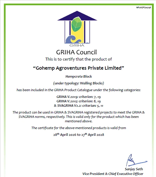 GRIHA Council certificate for Gohemp hempcrete blocks