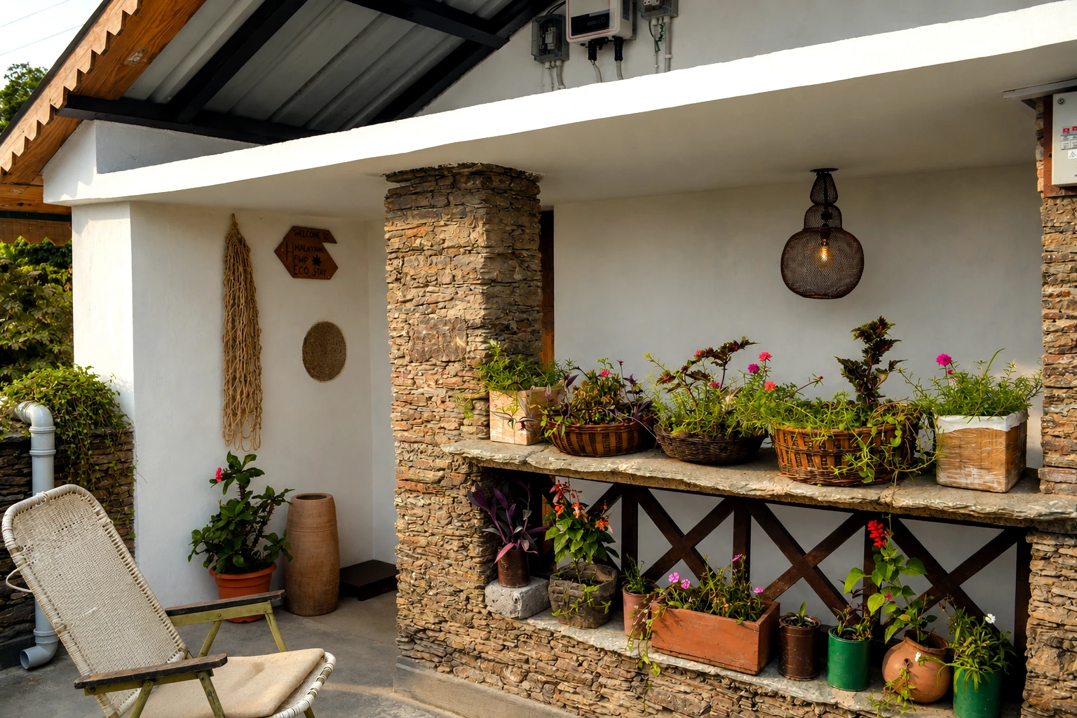 Terrace and stone details at Himalayan Hemp Ecostay