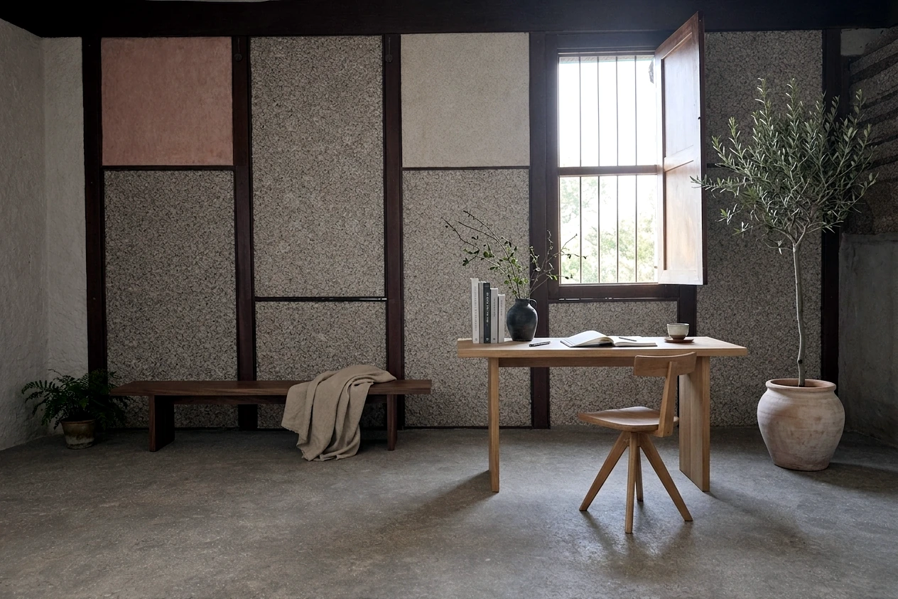 Interlocking hempcrete panel interior at Sunny