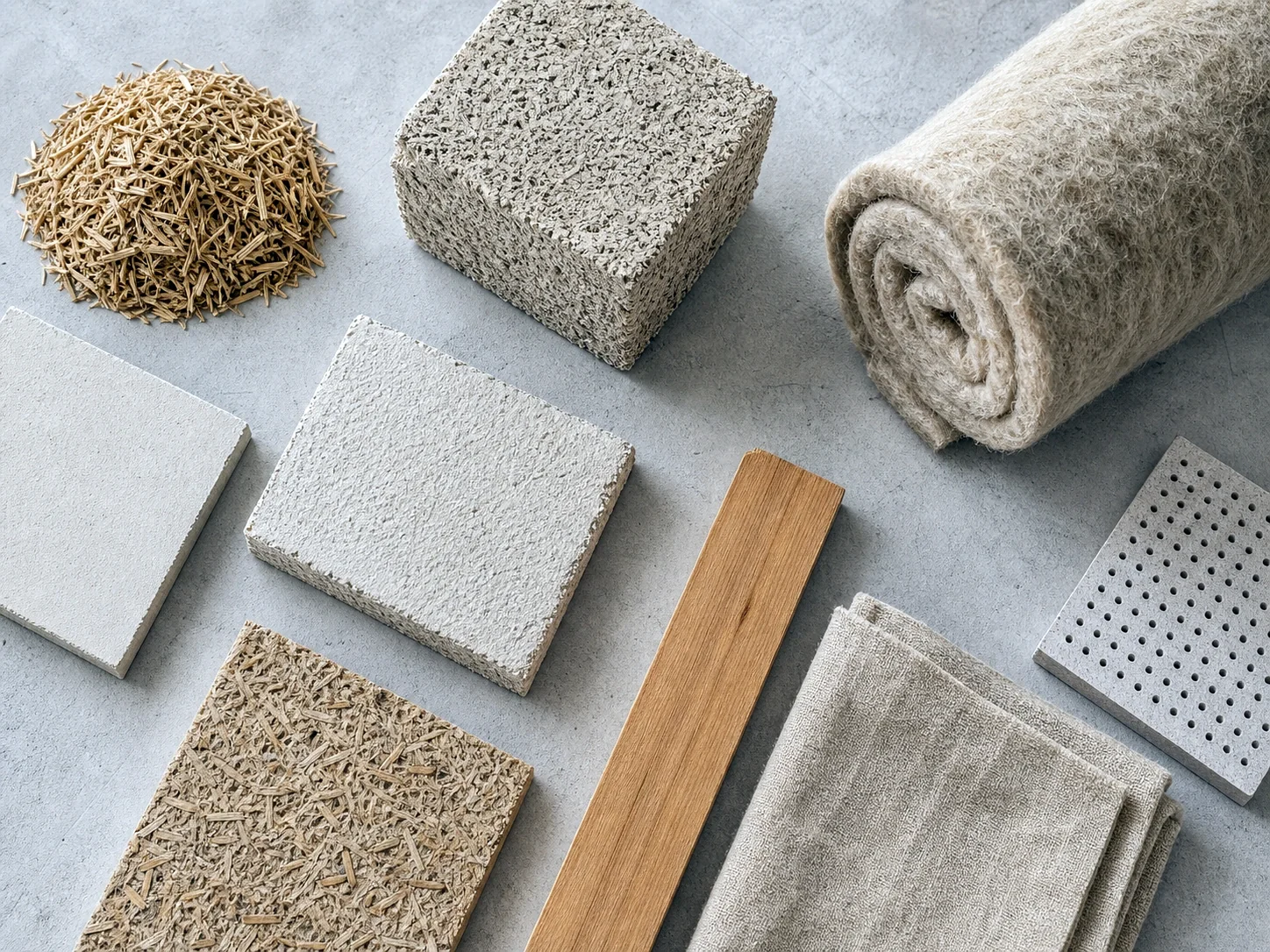 Curated samples of hemp shives, hempcrete, plaster, insulation, board, timber, liner and acoustic panel