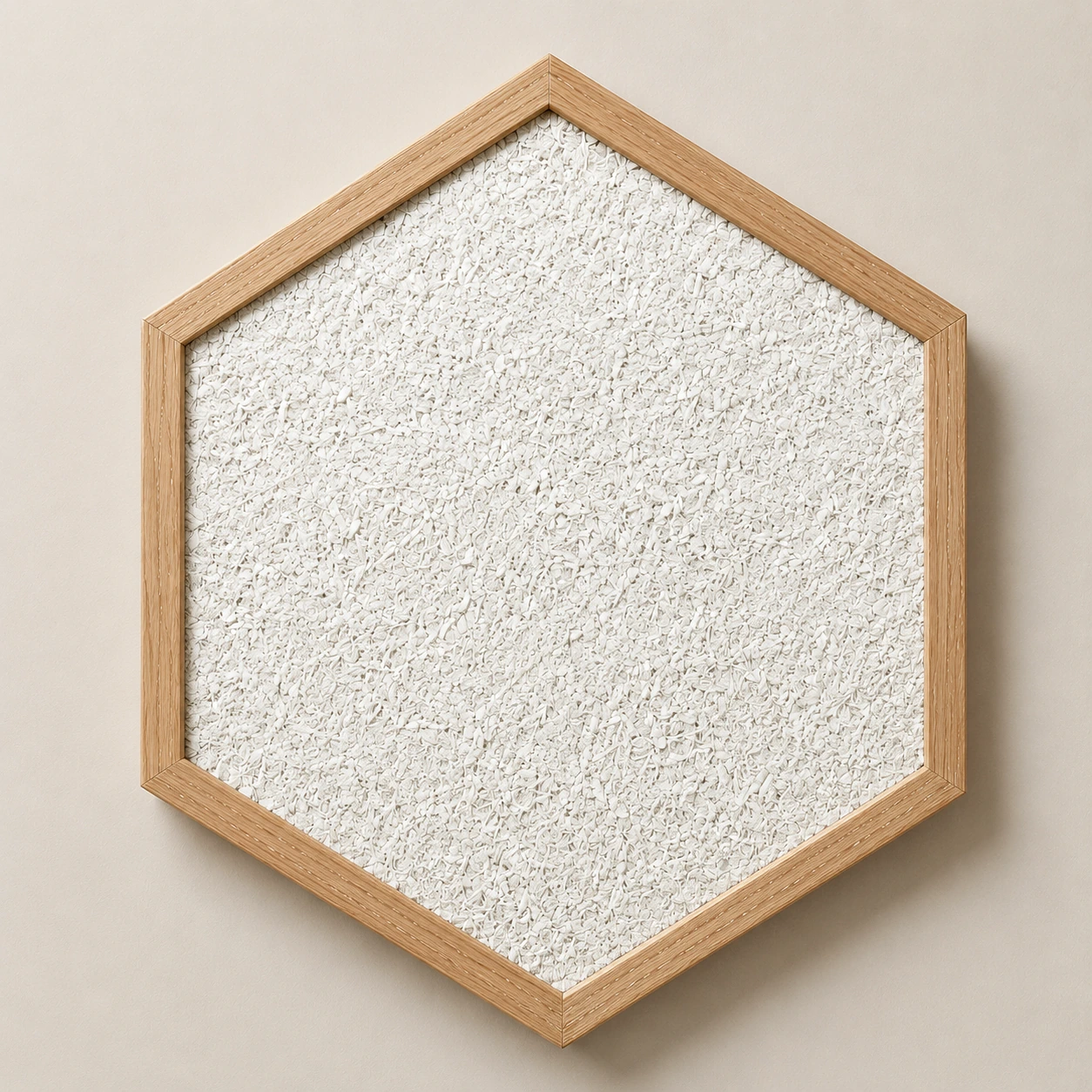 Hexagonal white acoustic panel in a timber frame