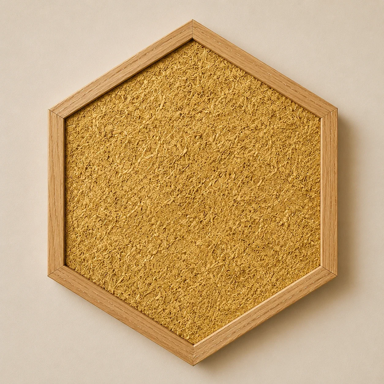 Hexagonal framed plant-based acoustic panel in a warm ochre finish